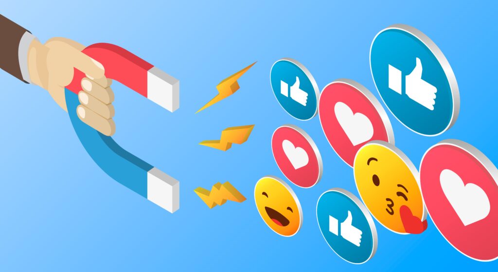 Illustration of a hand holding a magnet attracting social media reaction icons, including thumbs up, heart, laughing, and face with a kiss. Yellow lightning bolts connect the magnet and icons, set against a blue background.